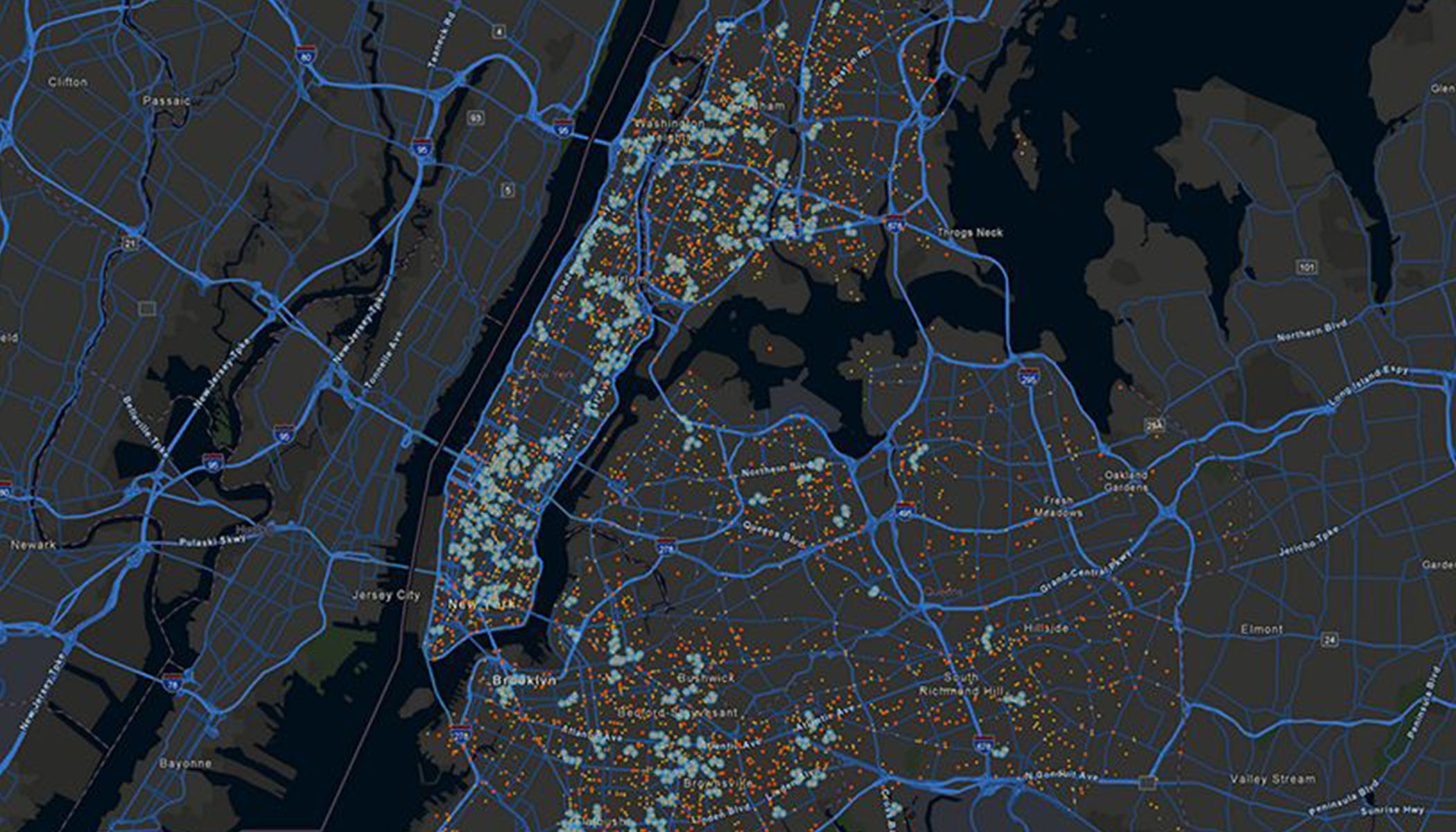 ArcGIS-Karte von New York City mit detailliertem Straßennetz, Datenpunkten und Wasserwegen