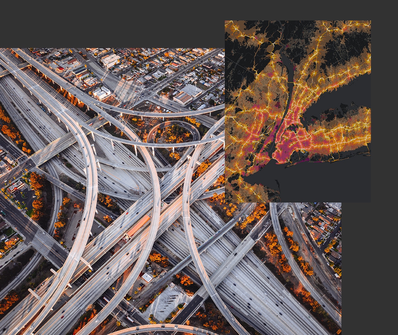 Aerial view of interconnected highways and city buildings near an inset image of a digital map of land with yellow routes
