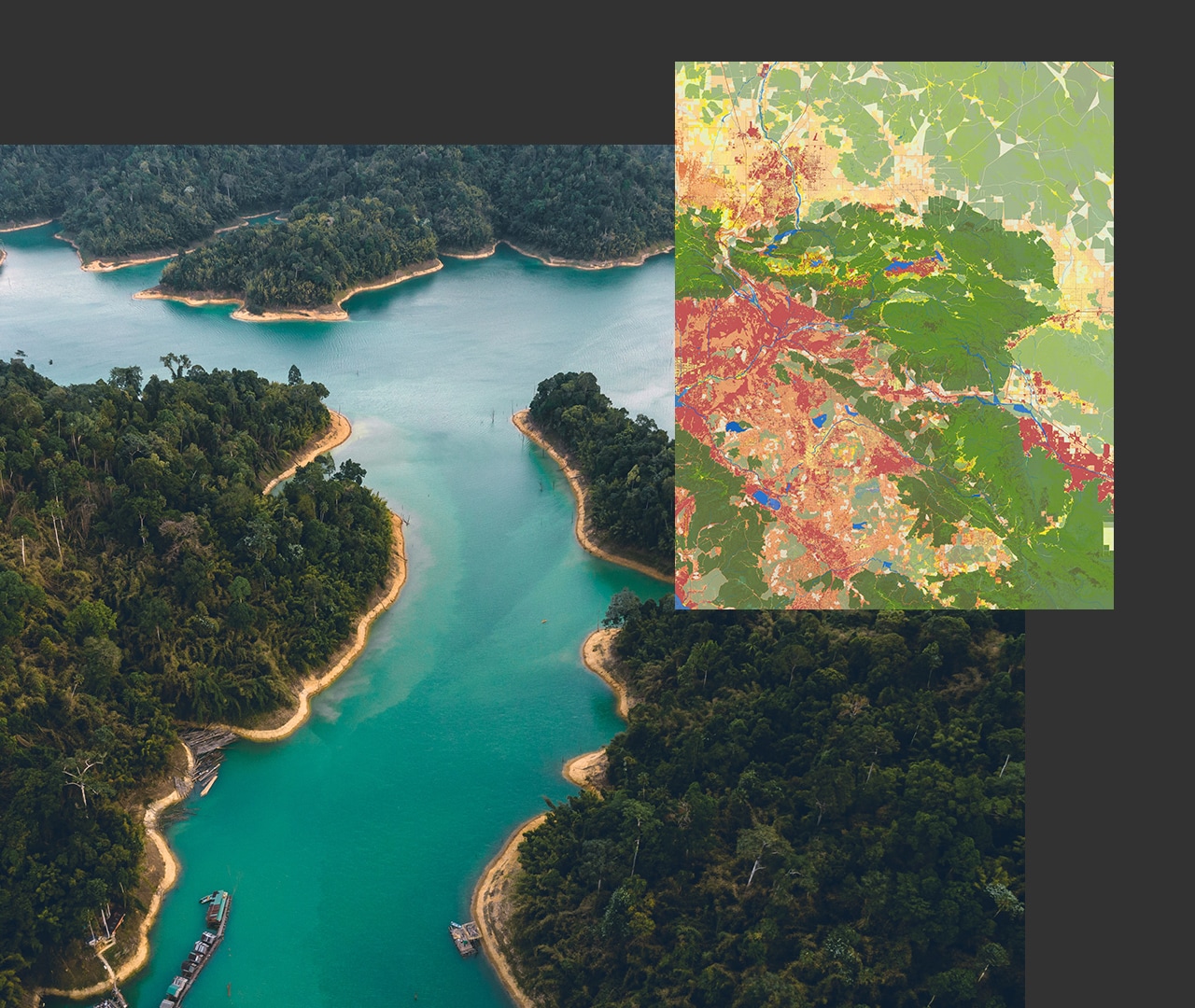 Green tree-covered islands amongst a blue ocean next to an inset digital map