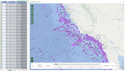 A sidebar spreadsheet with numerical data next to a coastal topography map of land and water with purple data points 
